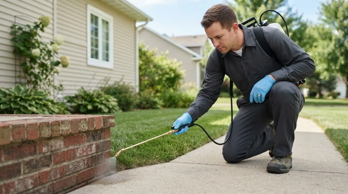 Pest control technician treating a home near Phelan, CA